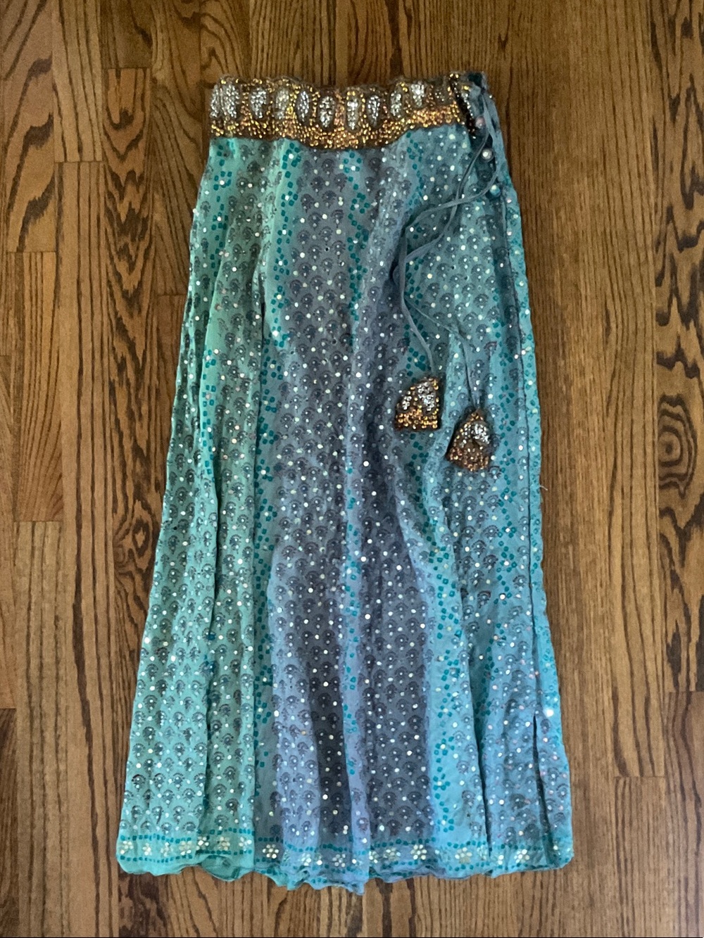 Vintage Alka Vora Silk Sequin Maxi Skirt Blue Green Y2K Boho